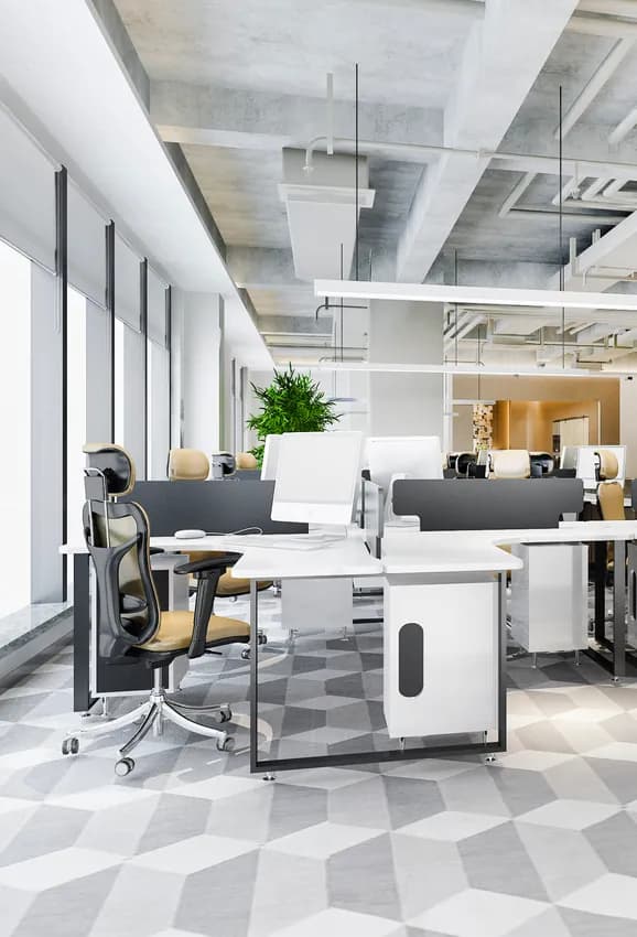 Ruang kerja kantor modern dengan meja dan kursi kerja