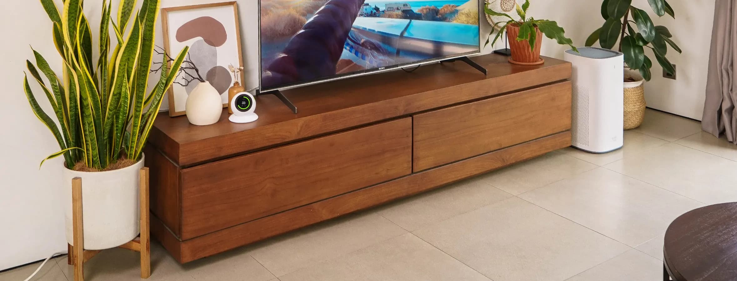 Ruang keluarga dengan TV, tanaman hias, sensor dan purifier ecoCare Pure Air